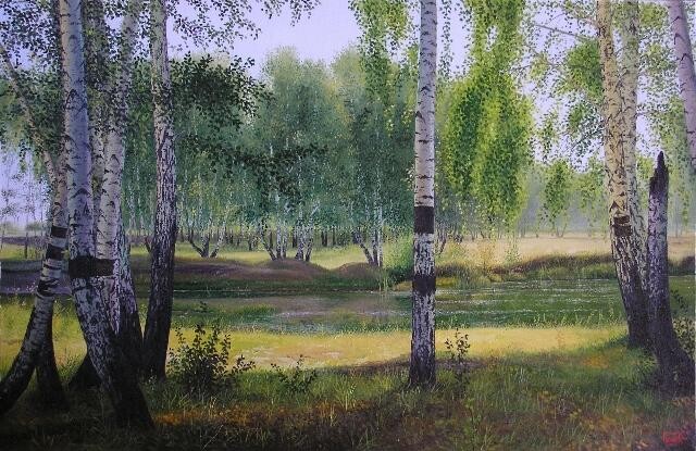 Painting titled "Березы у воды" by Dmitrii Repin, Original Artwork, Oil