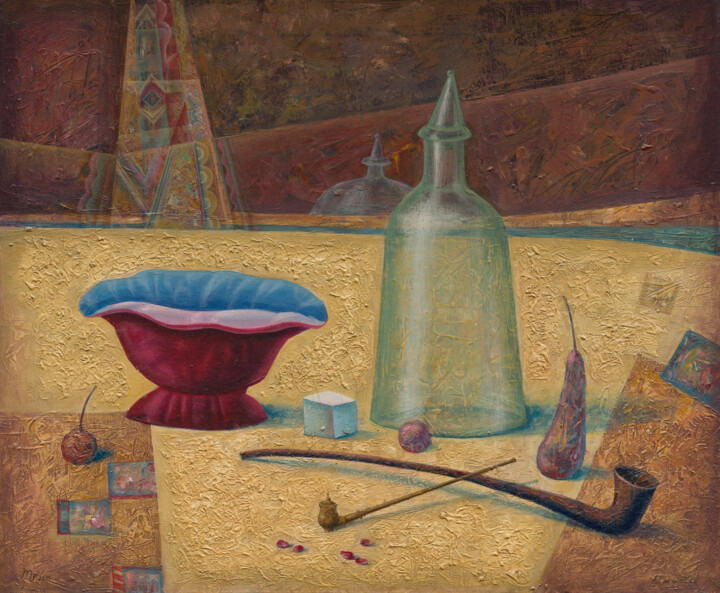 Painting titled "Still life with pip…" by Dmitrii Ryzhikov, Original Artwork, Acrylic Mounted on Wood Stretcher frame