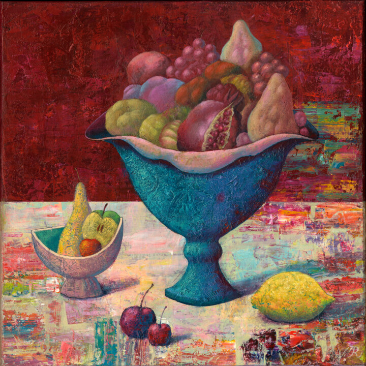 Painting titled "Blue vase with pears" by Dmitrii Ryzhikov, Original Artwork, Oil Mounted on Wood Stretcher frame
