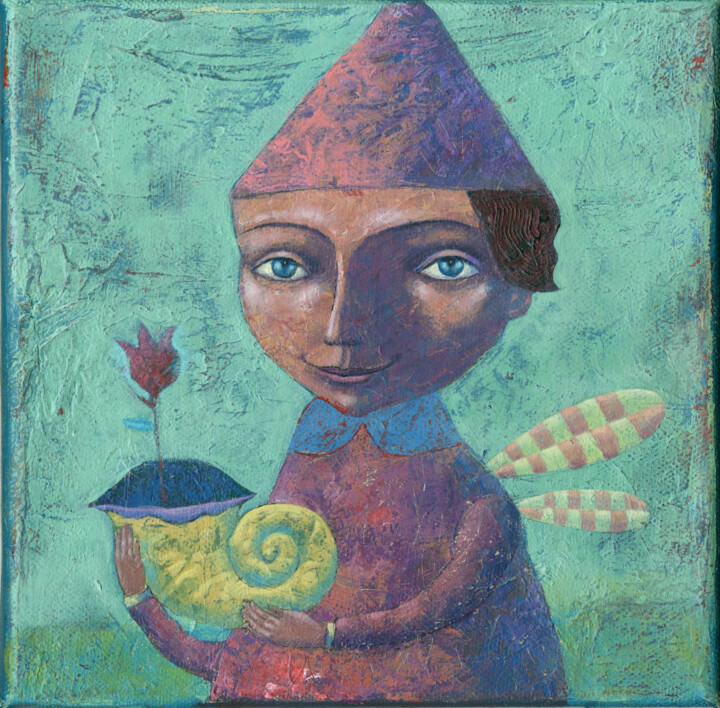 Painting titled "Angel with shell" by Dmitrii Ryzhikov, Original Artwork, Acrylic Mounted on Wood Stretcher frame