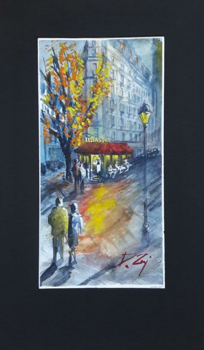 Painting titled "Paris Rue restorante" by Dmitrij Zuj, Original Artwork, Watercolor