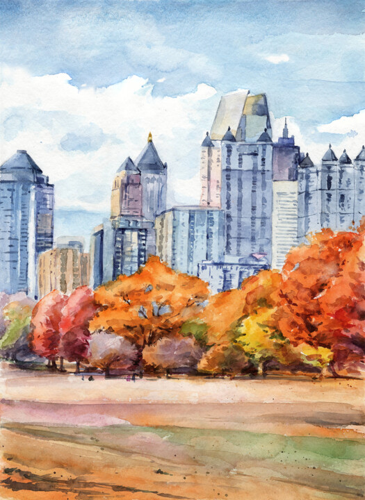 Pintura titulada "Autumn city landsca…" por Dmitriy Shvetsov, Obra de arte original, Acuarela