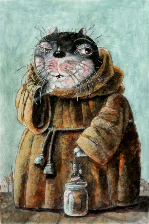 Painting titled "кот монах/cat moine…" by Dmitriy Trubin, Original Artwork, Watercolor