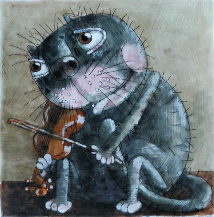 "Кот,играющий на скр…" başlıklı Tablo Dmitriy Trubin tarafından, Orijinal sanat, Suluboya
