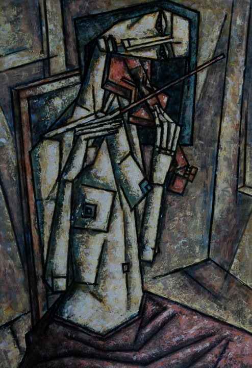 Painting titled "СКРИПАЧКА С ЗЕЛЕНЫМ…" by Dmitriy Trubin, Original Artwork