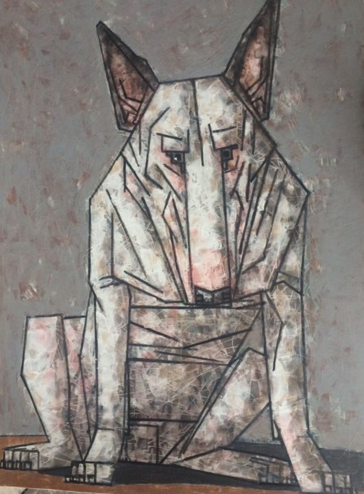 Painting titled "triste bull terrier…" by Dmitriy Trubin, Original Artwork, Acrylic