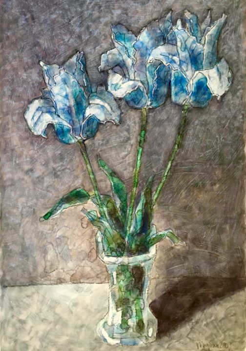 Painting titled "Blue tulips" by Dmitriy Trubin, Original Artwork, Watercolor