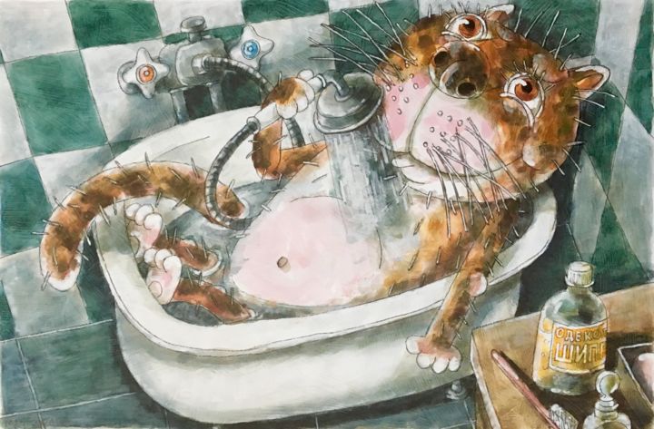 Painting titled "The cat is washing…" by Dmitriy Trubin, Original Artwork, Watercolor