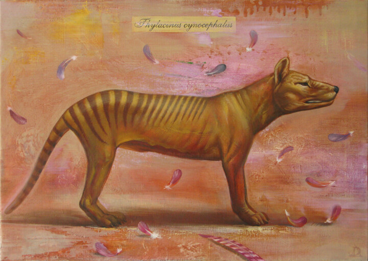 Painting titled "Le tigre de tasmanie" by Dmitro Danilov, Original Artwork, Oil Mounted on Wood Stretcher frame