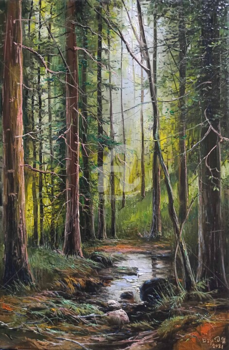 Картина под названием "Forest River Landsc…" - Dmitry Barabash, Подлинное произведение искусства, Масло