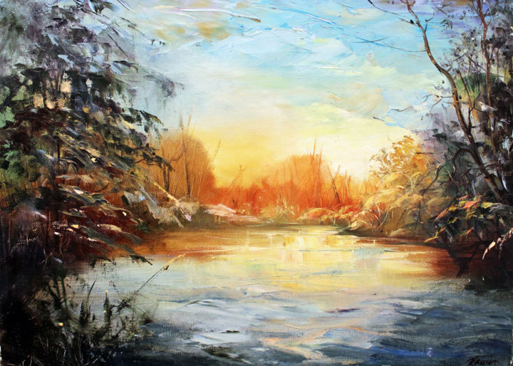 Painting titled "Winter forest lake" by Dmitry King, Original Artwork, Oil