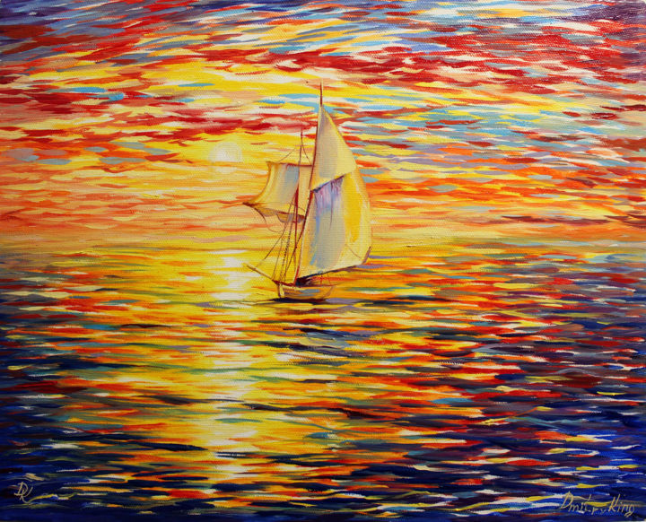 Painting titled "Sailboat at sunset" by Dmitry King, Original Artwork, Oil