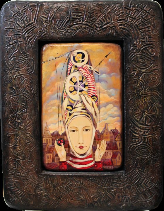 Painting titled "Guardian of the Time" by Dmitry King, Original Artwork, Acrylic Mounted on Wood Panel