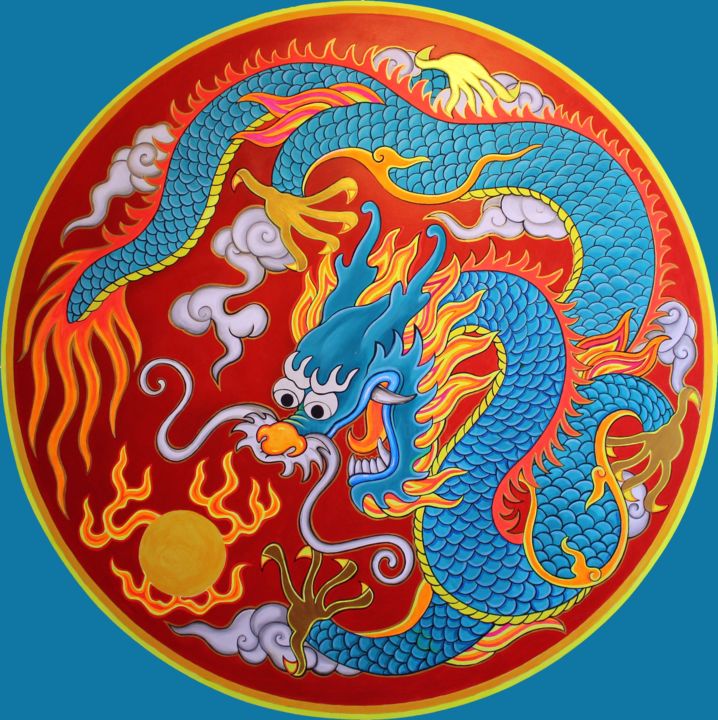 Druckgrafik mit dem Titel "Blue Dragon with Pe…" von Dmitry King, Original-Kunstwerk, Analogdruck