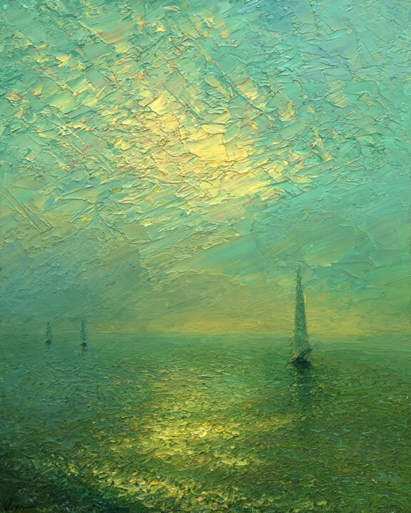 Painting titled "Evening sea 3" by Dmitry Oleyn, Original Artwork, Oil Mounted on Wood Stretcher frame