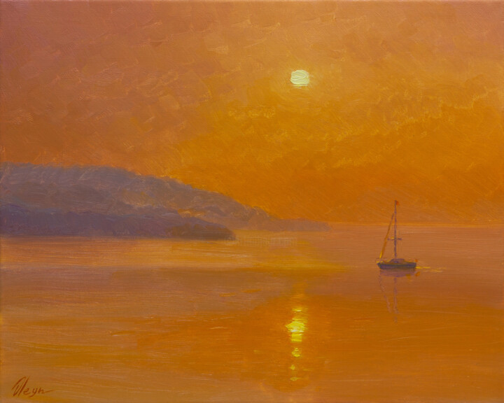 Картина под названием "Orange sunset" - Dmitry Oleyn, Подлинное произведение искусства, Масло Установлен на Деревянная рама…