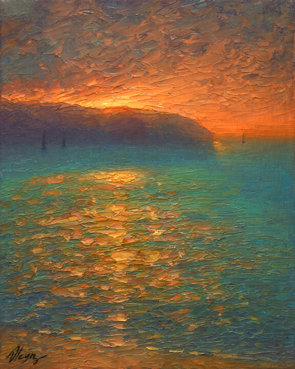 Painting titled "Sunset 41" by Dmitry Oleyn, Original Artwork, Oil Mounted on Wood Stretcher frame