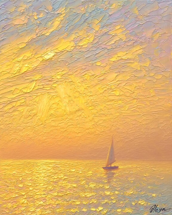 Painting titled "Sunny sea" by Dmitry Oleyn, Original Artwork, Oil Mounted on Wood Stretcher frame