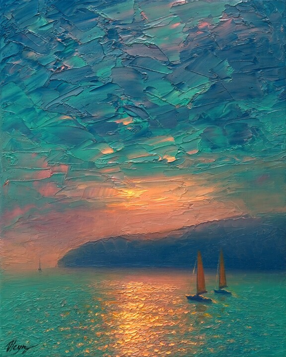 Painting titled "Seascape 2" by Dmitry Oleyn, Original Artwork, Oil Mounted on Wood Stretcher frame