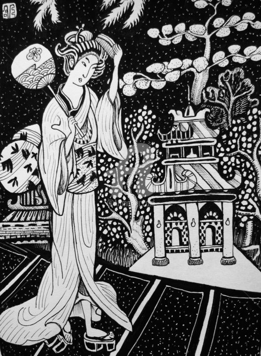 Disegno intitolato "Japan" da Dmitri Werdis, Opera d'arte originale, Inchiostro