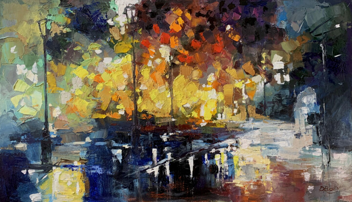 Painting titled "City Park" by Dmytro Boykov, Original Artwork, Oil Mounted on Wood Stretcher frame