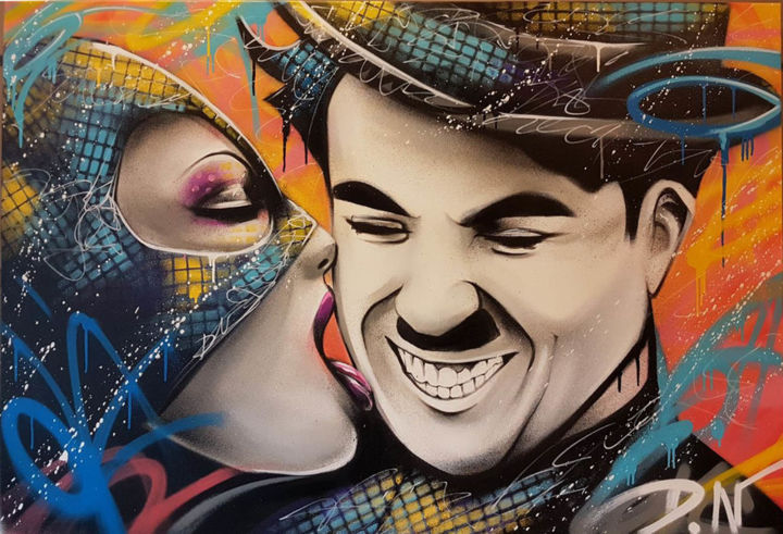 Painting titled "Catwoman vs Chaplin" by Dn, Original Artwork, Spray paint