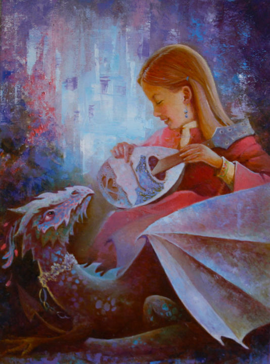 Картина под названием "Девочка и дракон" - Анна Добродий, Подлинное произведение искусства, Масло Установлен на Деревянная р…