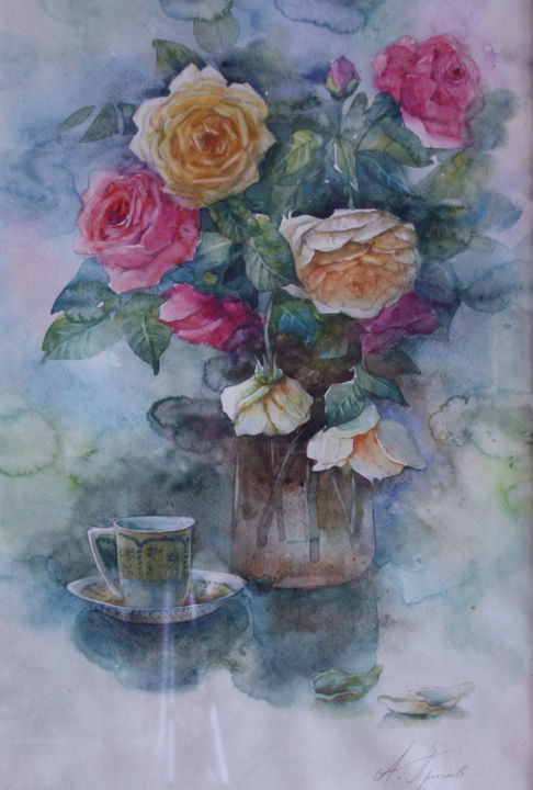 「Розы」というタイトルの絵画 Анна Добродийによって, オリジナルのアートワーク, 水彩画 ガラスにマウント