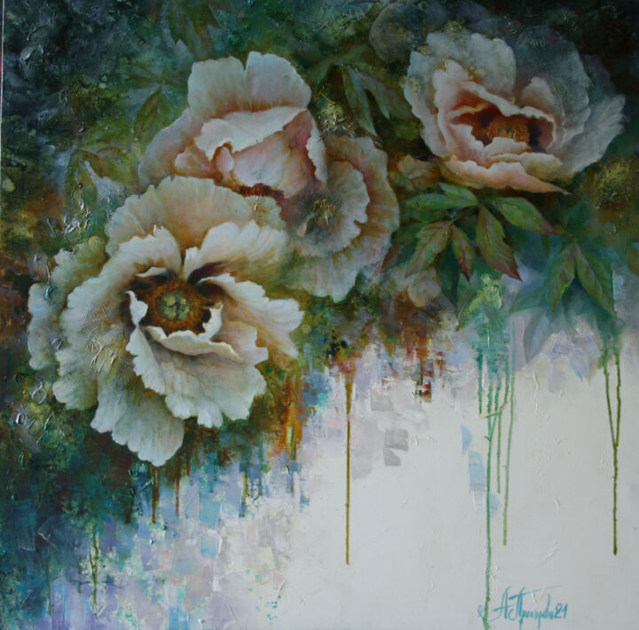 Painting titled "Morning peonies" by Anna Dobrodii, Original Artwork, Oil