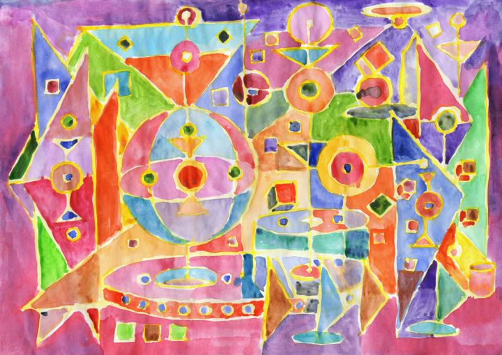 Painting titled "Colorful geometric…" by Rina Dobrotsvet, Original Artwork, Watercolor