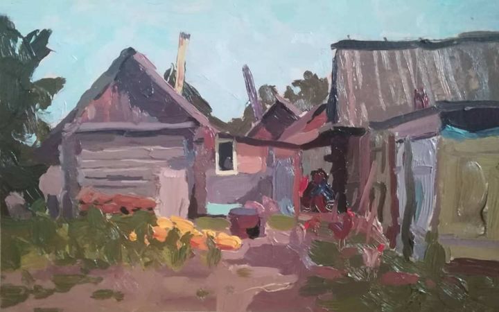 Peinture intitulée "In the backyard. Au…" par Evgenii Chekhunov, Œuvre d'art originale, Huile