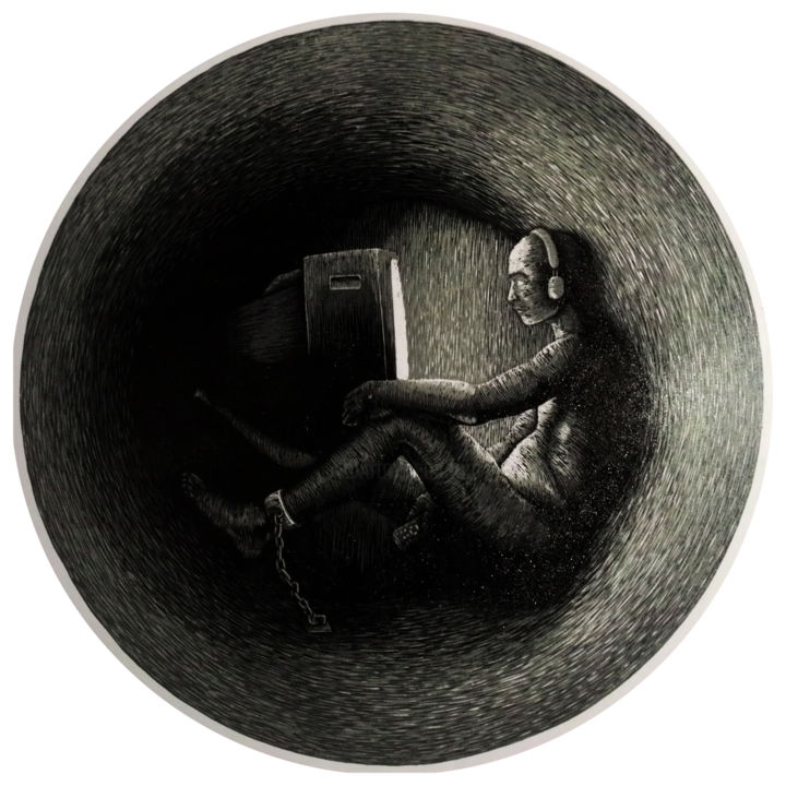 Printmaking titled "Television addict .…" by Dodi Mustaqim, Original Artwork, Xylography
