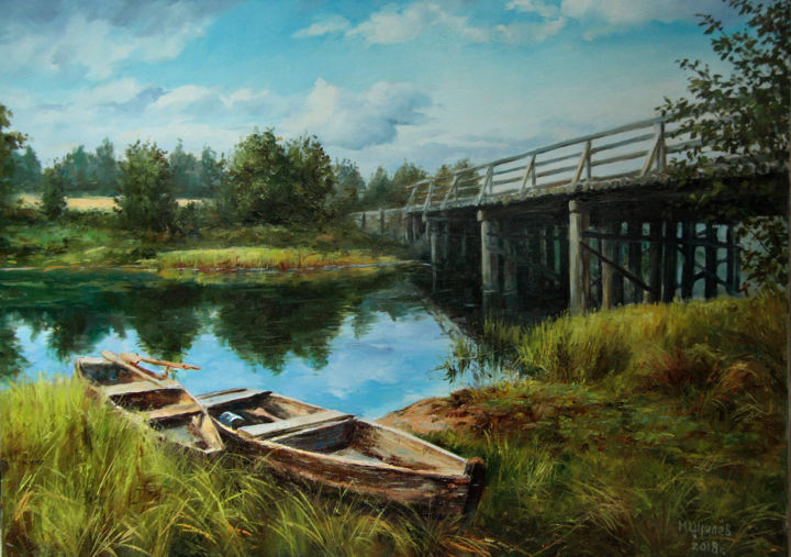Painting titled "У деревянного моста…" by Mikhail Shchriliov, Original Artwork, Oil