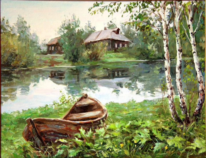 Pittura intitolato "Старая лодка.jpg" da Mikhail Shchriliov, Opera d'arte originale, Olio