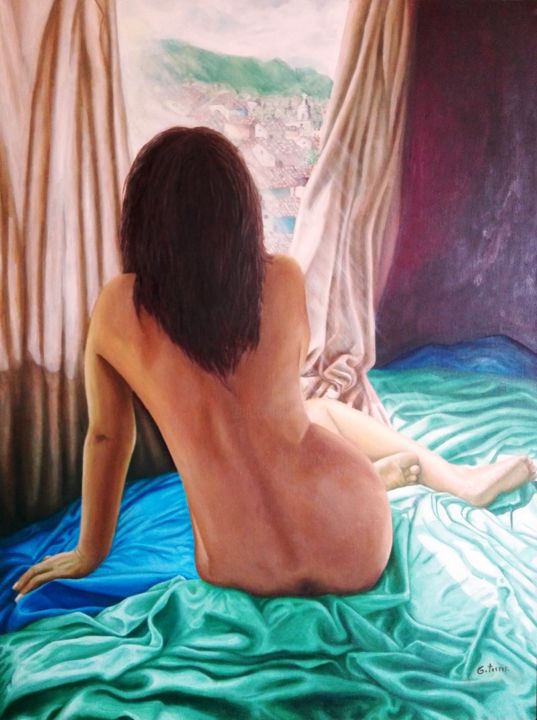 Pintura intitulada "Desnudo a contraluz" por G. Torres, Obras de arte originais, Óleo