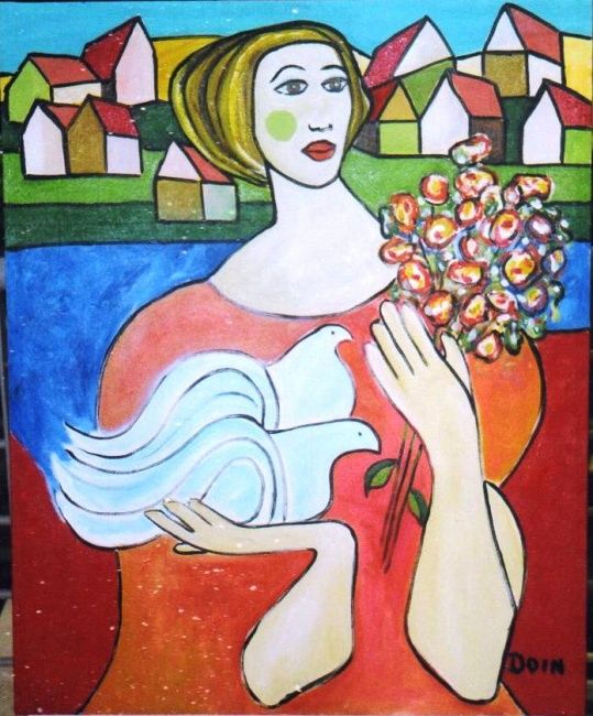 Pintura intitulada "mulher e as pombas" por Doin, Obras de arte originais, Óleo