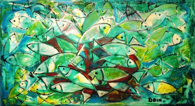 Pintura intitulada "peixes" por Doin, Obras de arte originais, Óleo