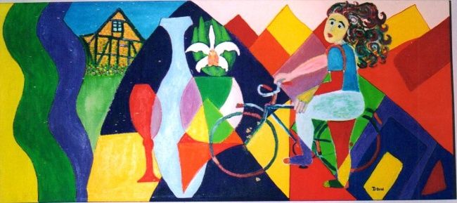 Pintura intitulada "menina da bicicleta" por Doin, Obras de arte originais, Óleo