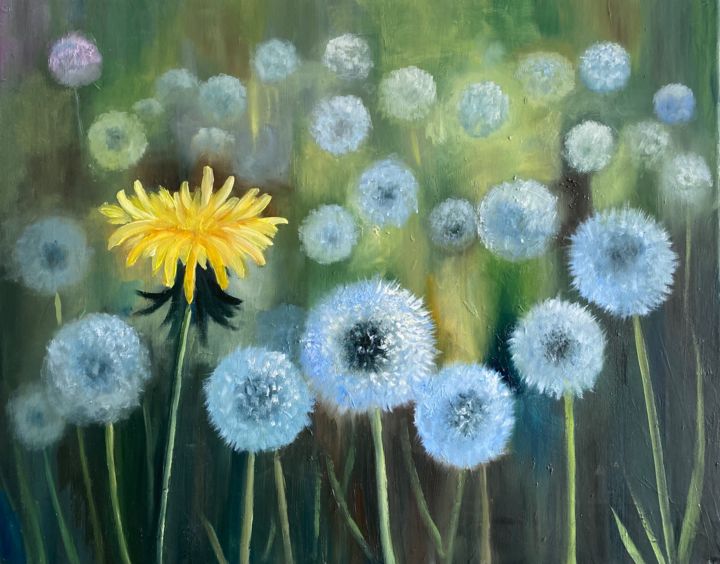 Painting titled "Dandelions" by Dolgor Dugarova (Dolgor Art), Original Artwork, Oil