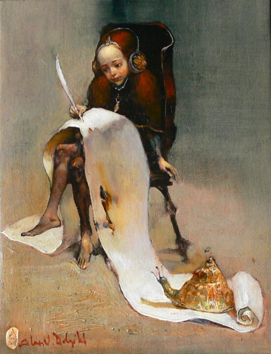 Peinture intitulée "Неспешное Письмо" par Alex V. Dolgikh, Œuvre d'art originale, Huile Monté sur Châssis en bois