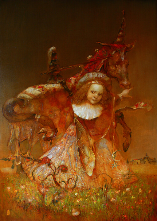 Painting titled "Вперед , мой Рыцарь…" by Alex V. Dolgikh, Original Artwork, Oil Mounted on Wood Stretcher frame