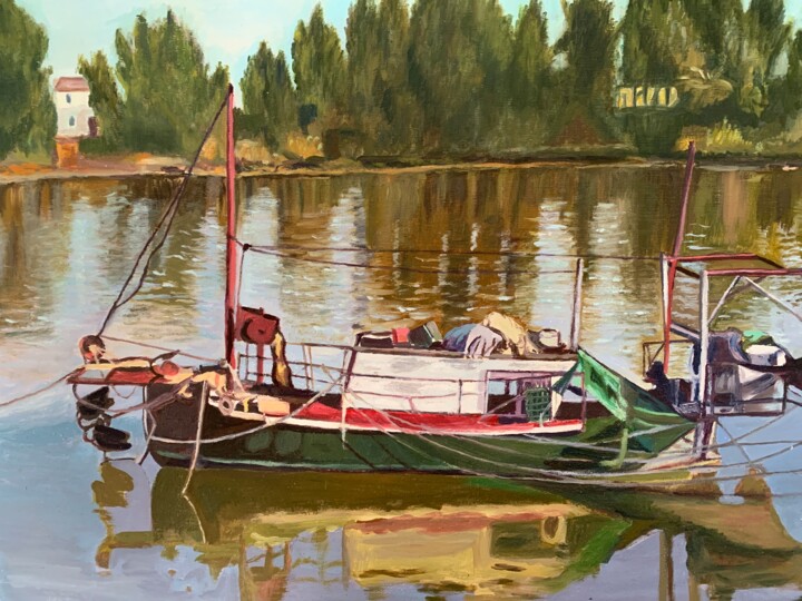 Pintura titulada "Barca del Guadalqui…" por Dolores Fernández, Obra de arte original, Oleo