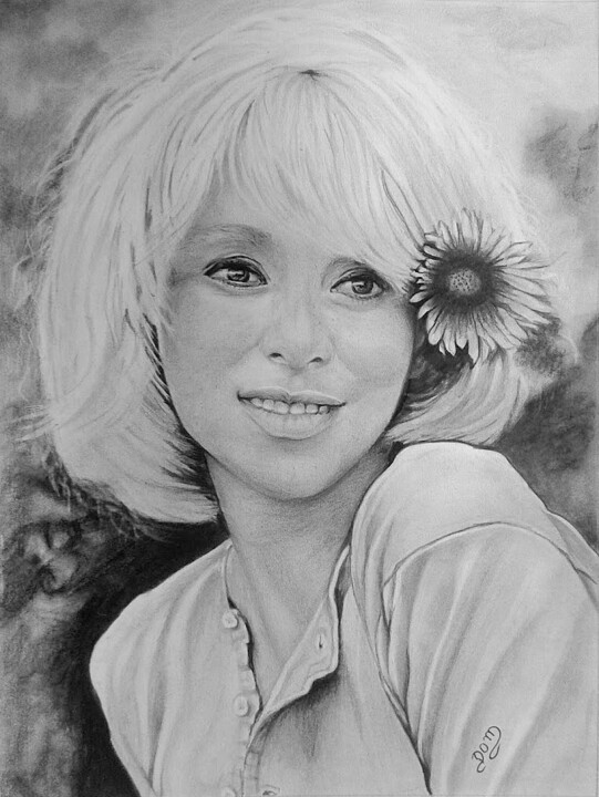 Drawing titled "MIREILLE DARC" by Dom Art 44, Original Artwork, Pencil Mounted on Glass
