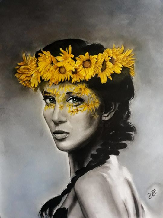 Dibujo titulada "Marguerit" por Dom Art 44, Obra de arte original, Grafito Montado en Vidrio