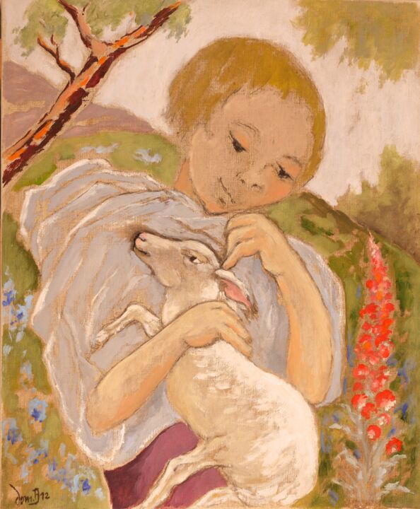 Картина под названием "Enfant à l'agneau.j…" - Dominique Bertrand, Подлинное произведение искусства, Масло