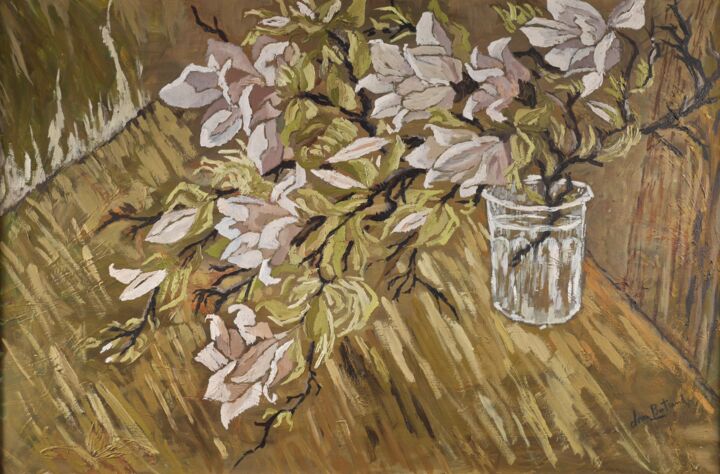 Painting titled "Branche de magnolia" by Dominique Bertrand, Original Artwork, Oil