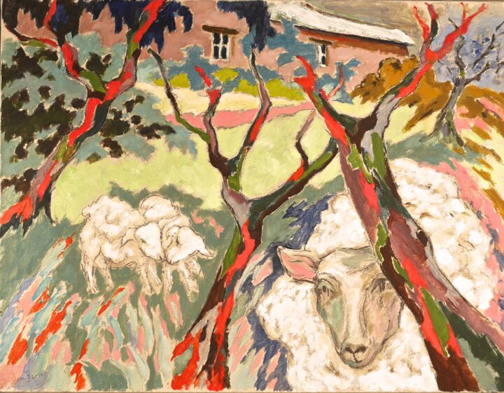 Schilderij getiteld "les moutons à Clos…" door Dominique Bertrand, Origineel Kunstwerk, Olie