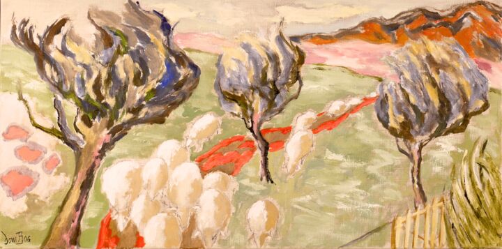 Painting titled "Moutons dans le vent" by Dominique Bertrand, Original Artwork, Oil