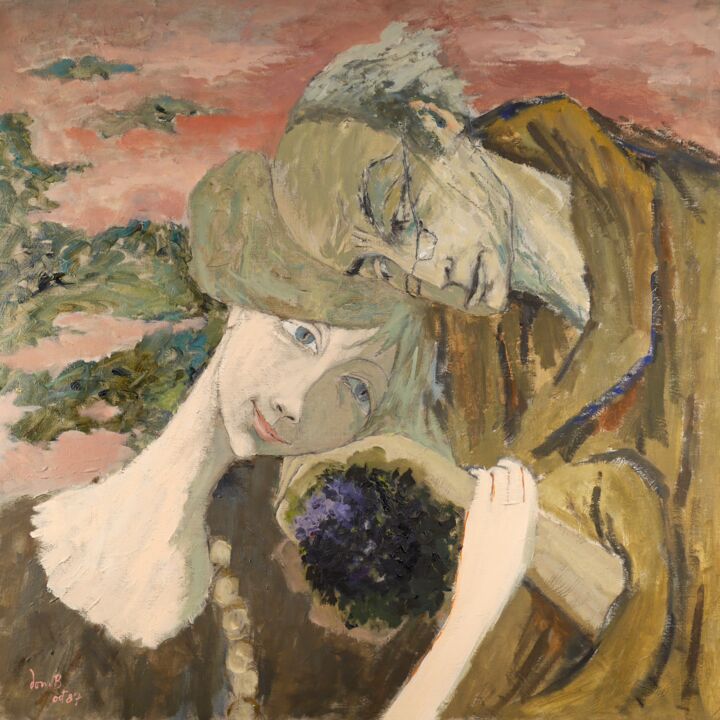 Painting titled "Couple aux violettes" by Dominique Bertrand, Original Artwork, Oil
