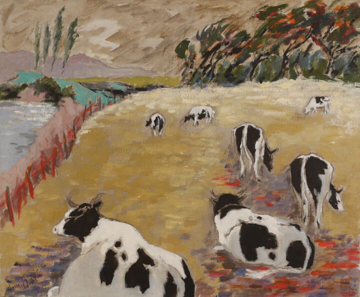 Pintura intitulada "Les vaches" por Dominique Bertrand, Obras de arte originais, Óleo
